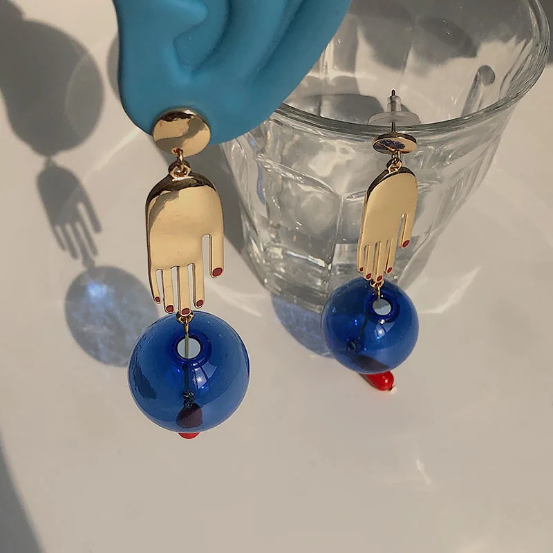 Palm Blue Glass Ball Dangle Earrings For Women Fashion Trend Exaggerated Hand Long Drop Earrings Pendientes boucle oreille femm 250225