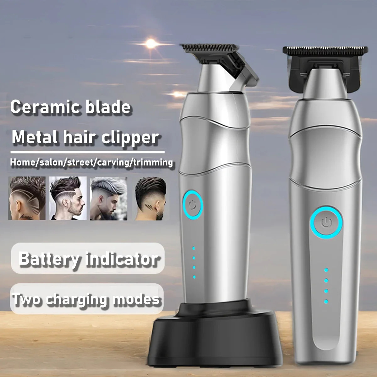 Professional Mens Hair Clipper DLC T-Blade Full Metal with Base Charger Zero Gapped Low Noise Hair Trimmer Finishing Machine 250226