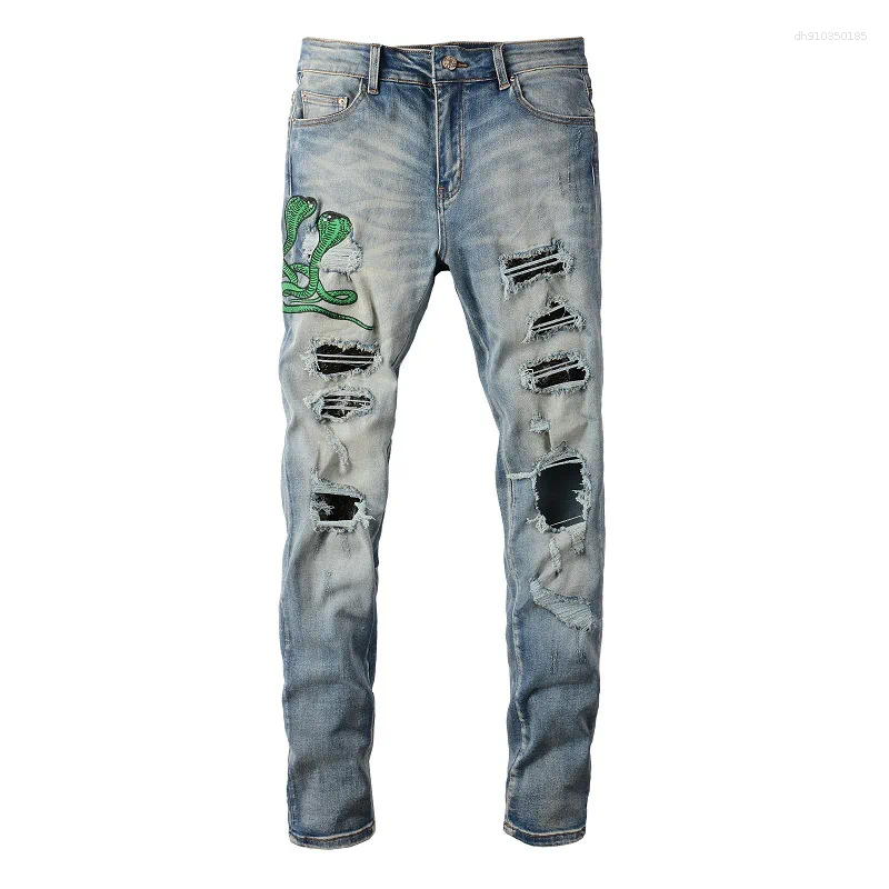 Men's Jeans Light Blue Embroidered Snake Patchwork High Street Stretch Distressed Slim Fit Ripped Men