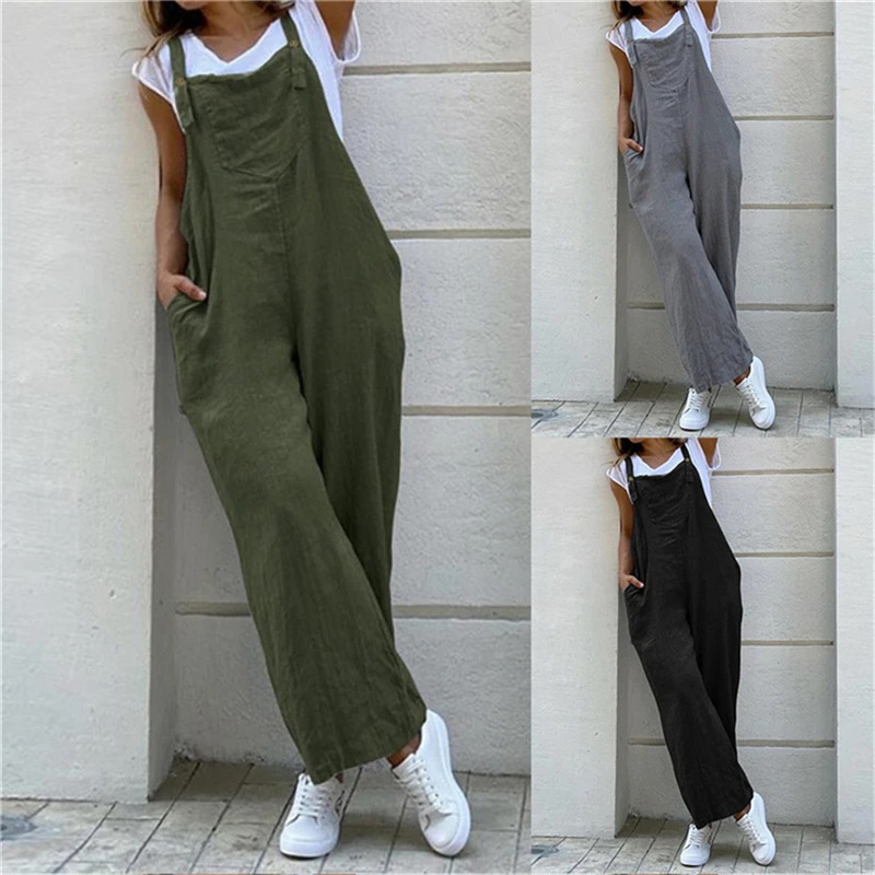 Summer Jumpsuit For Women Solid Color Jumpsuit Casual Long Pant Pockets Button Wide Leg Strap Jumpsuit Loose Rompers Overalls 250225