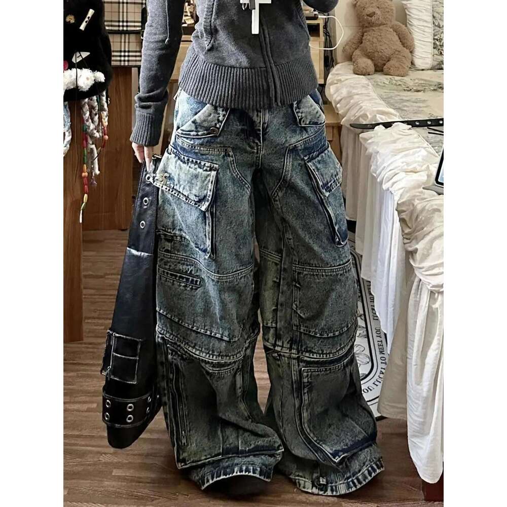 MDNG Stylish Street Multi-Pocket High Waist Cargo Pants Women American Vintage Wide Leg Haruku Hip Hop Y2k Jeans