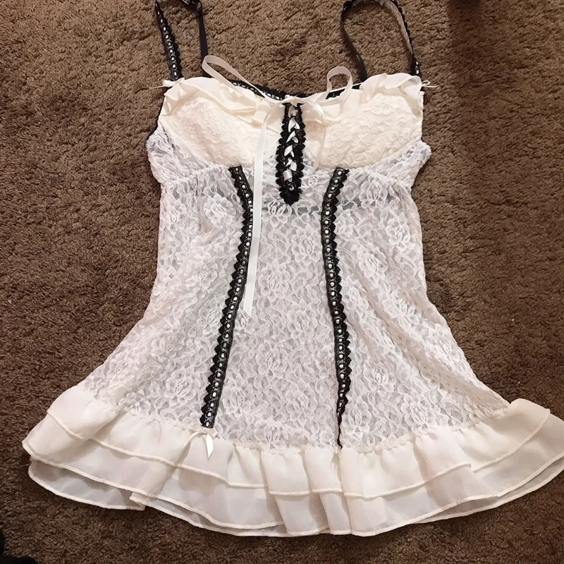 Retro Grunge Cami Tank Top Low Cut White Lace Transparent Ruffles Hem Sleeveless Vest E- Punk Harajuku Emo Alt Clothes 250225
