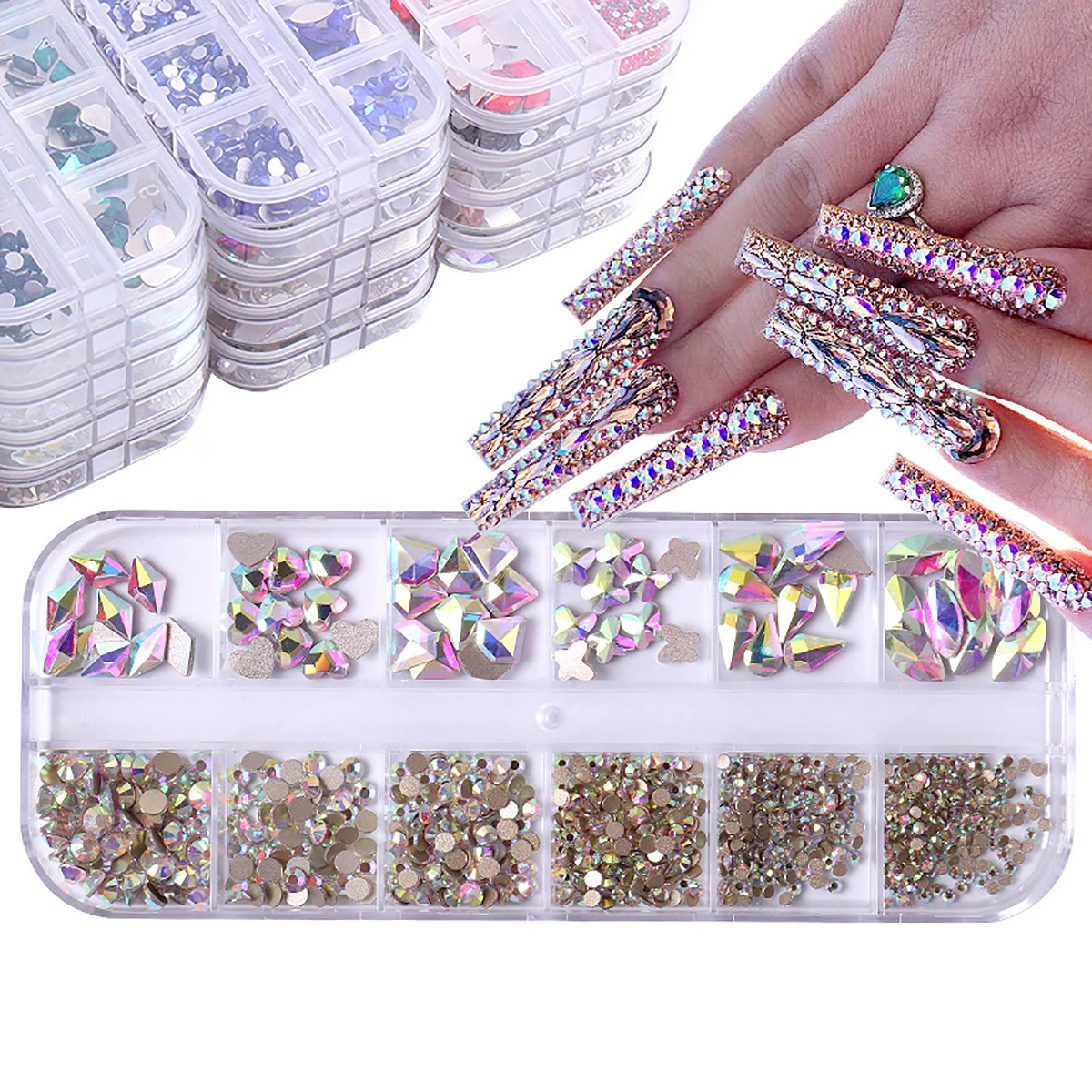 12 grid 1 box of transparent plating bottom nail water diamond heart drop and other size mixed flat 250217