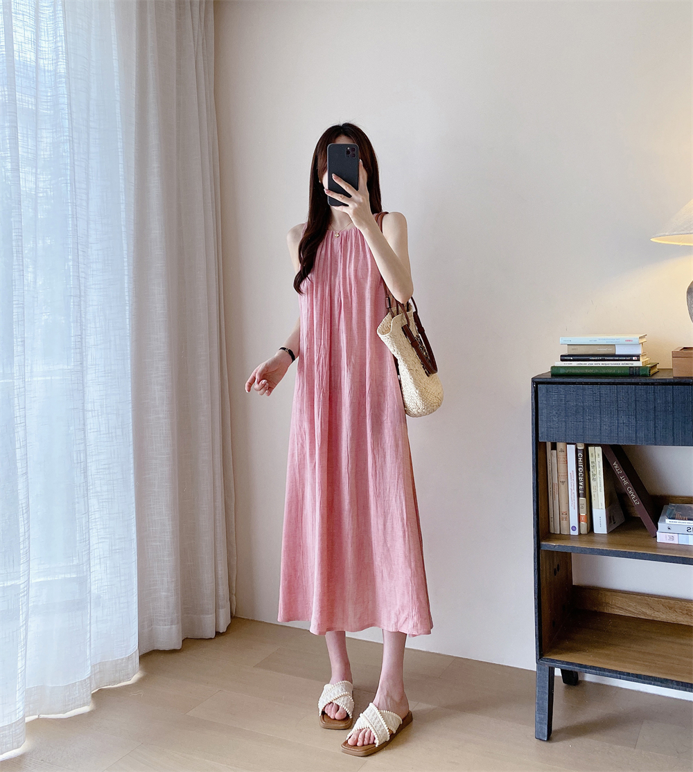 H4118 Lazy holiday style seaside linen dress halter neck suspender sleeveless vest dress female summer