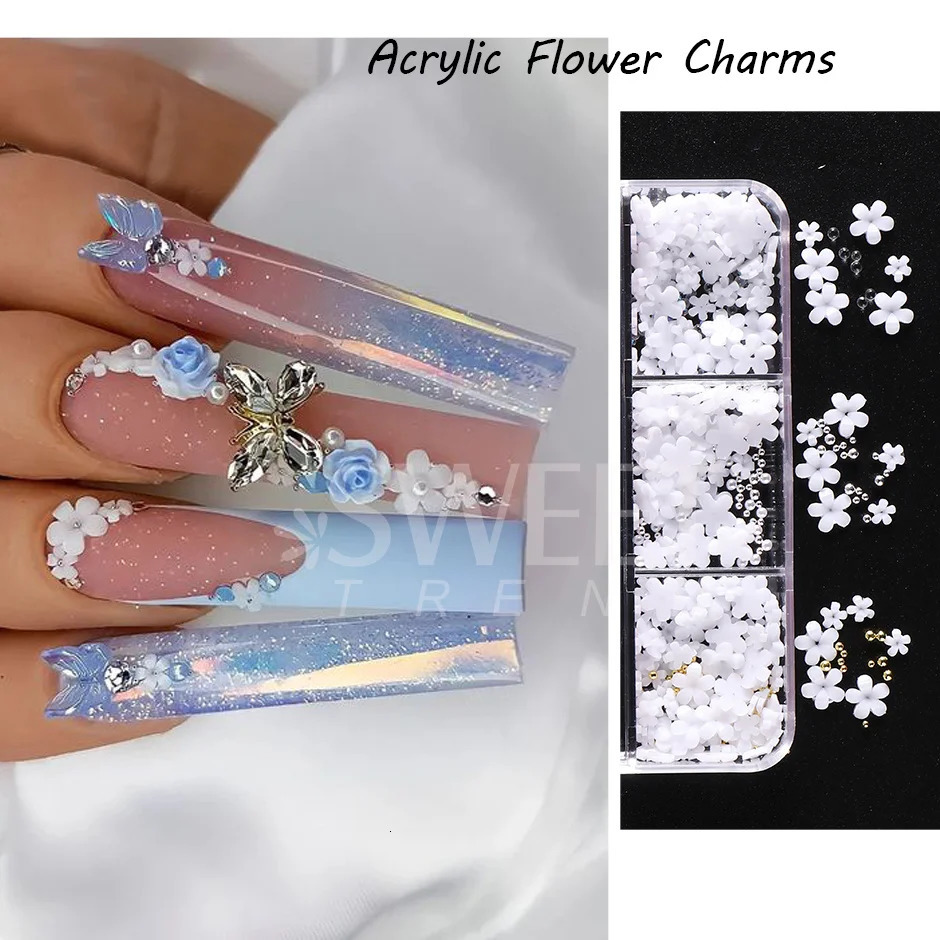 6 Grids Nail Art Decoration Pink White Acrylic Flower Charms with Beads Gem DIY Parts for Accessories Tool SASZCT156 250217