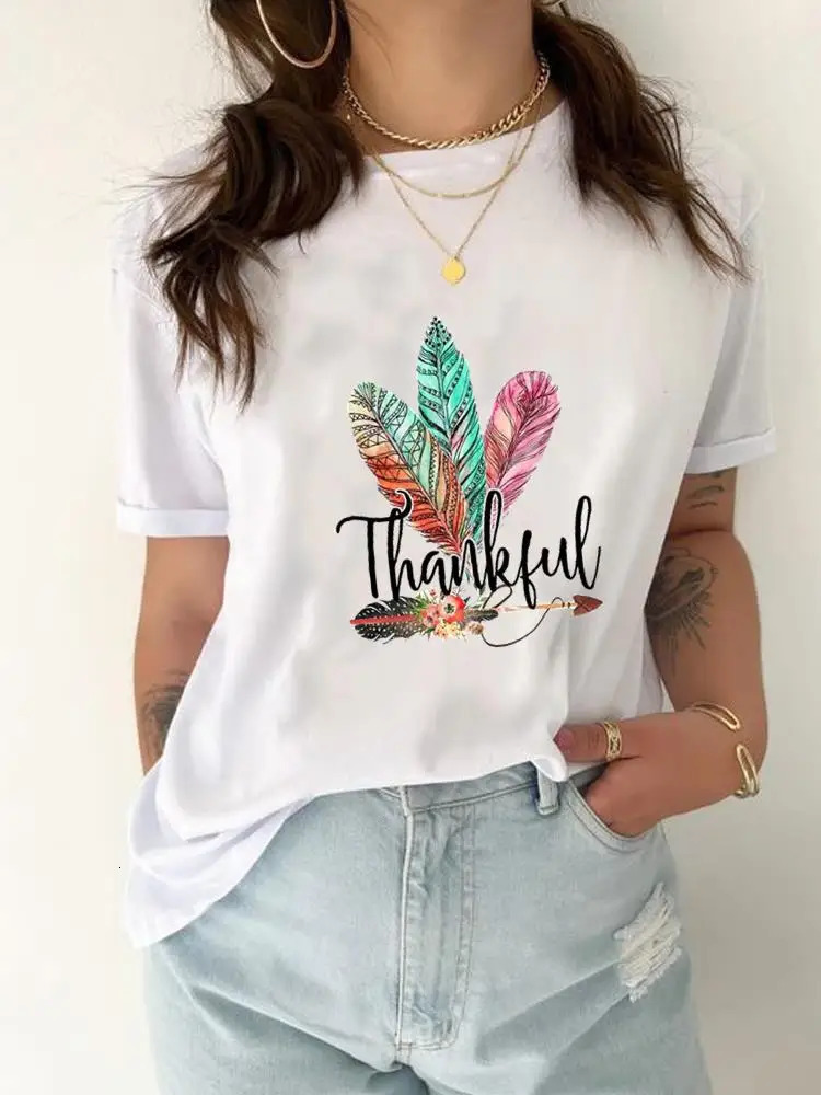 Feather Watercolor Trend Cute Short Sleeve Tee Top Women Fashion Casual Clothing Female Summer Graphic T Shirt Print T-shirt 250226