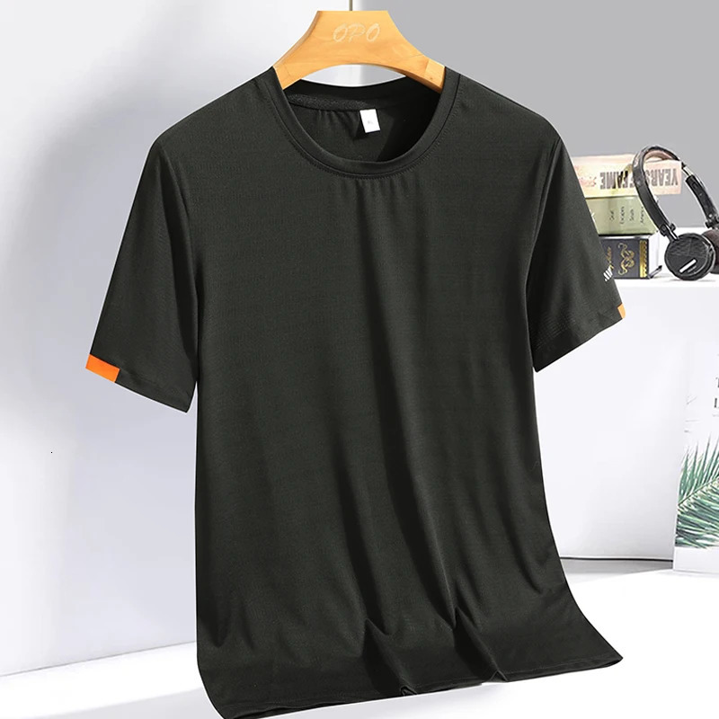 Mens Summer Ice Silk T-shirt Sweatshirt Round Neck Simple Running Fitness Suit Thin Breathable Quick Drying T 250225