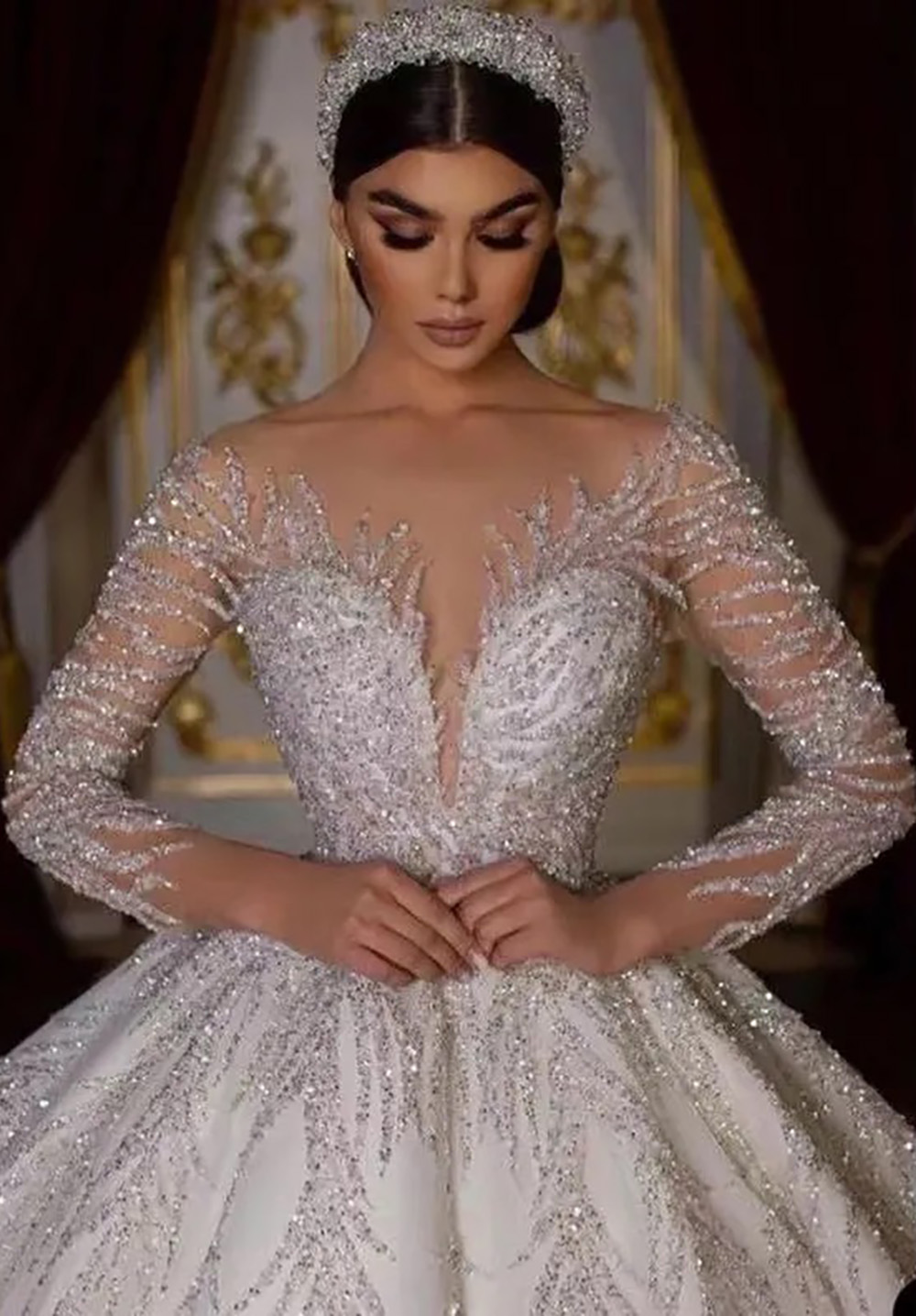 A-Line Wedding Dresses Stunning Princess ball Wedding For Women Long Sleeves Turkish Bridal Gowns Backless Sequin Vestido De Noiva crystals