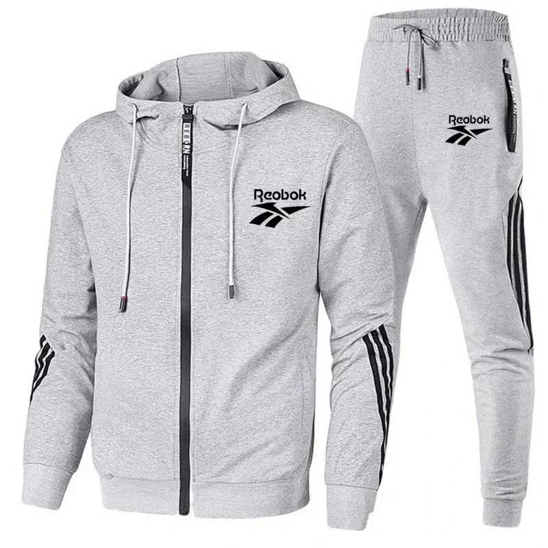 Men's Tracksuits 2025 new mens purchase of hooded striped zipper jacket+jogging pants 2 sets of casual mens sportswear z250226