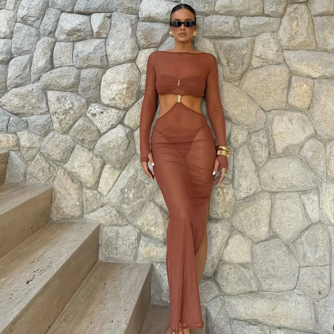 Sexy 3Pcs Bikini Hollow Out Swimsuit Women Swimwear Female Gradient Swim Suit Long Skirt Off Shoulder Biquini Bodysuit Beachwear 250225