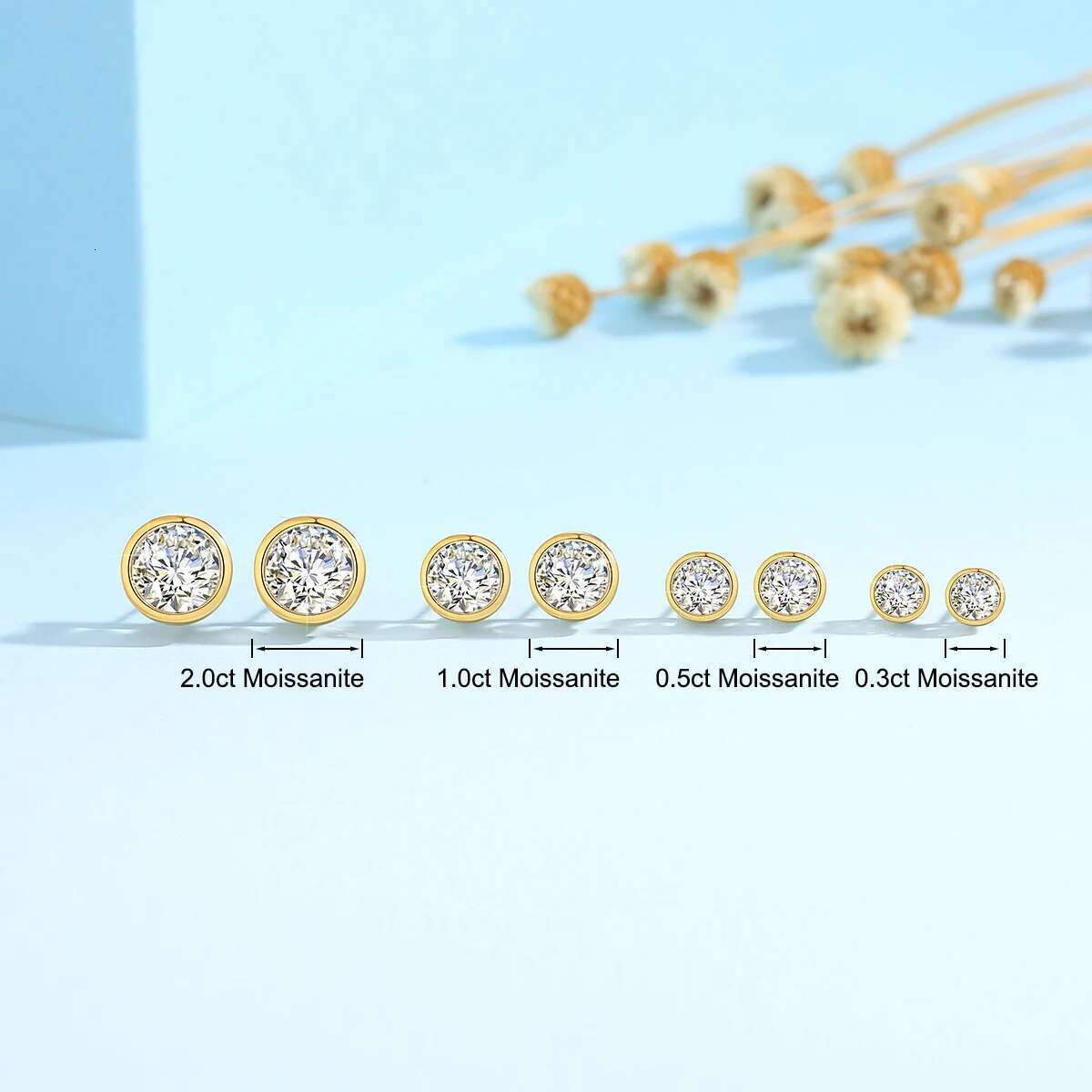 Genuine Gold Moissanite Stud 2ct Dia Earrings Classic Trendy for Women Wedding Gifts Fine Jewelry