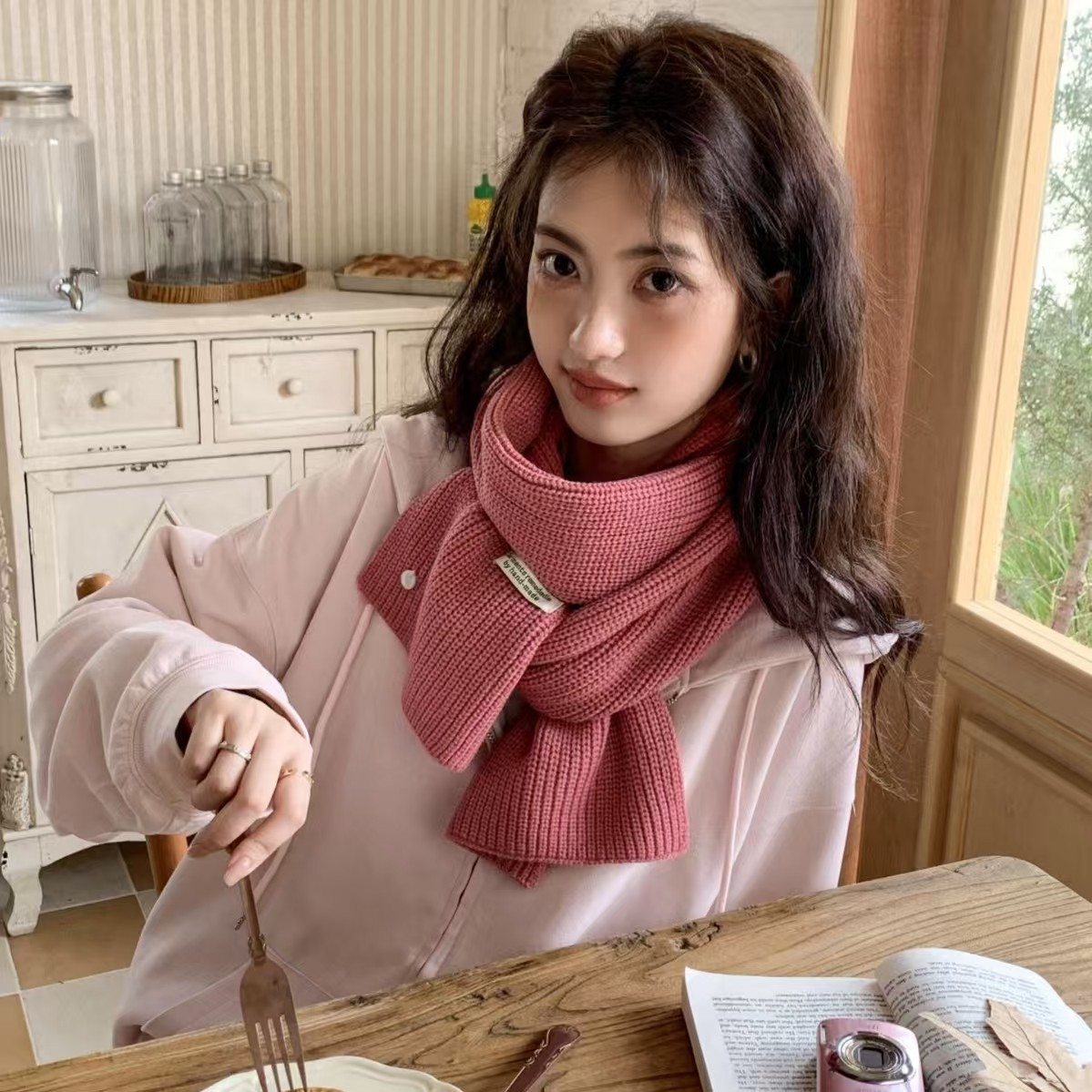 K008 Shell scarf winter wool scarf women's monochrome letter logo knitted neck warm plus velvet thickened all-match cold protection