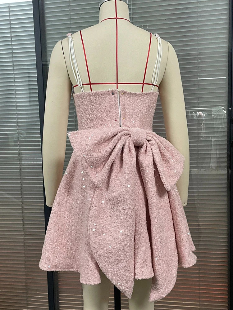 Mozision Sequins Bow Backless Sexy Mini Dress For Women Robe Fashion Square Collar Sleeveless High Waist A-line Club Dress 250225