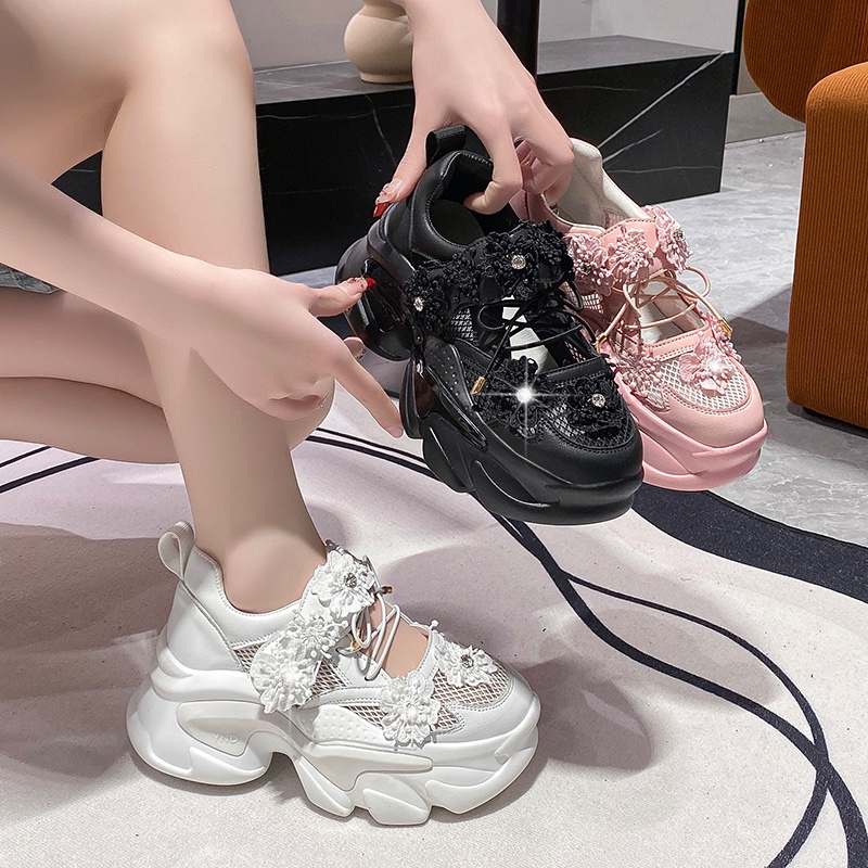 Women Platform Casual Breathable Crystal Flower Shoes Summer Chunky Sneakers 7.5CM Hidden Heels Hollow Leisure Shoes Woman Fashionable sports sandals