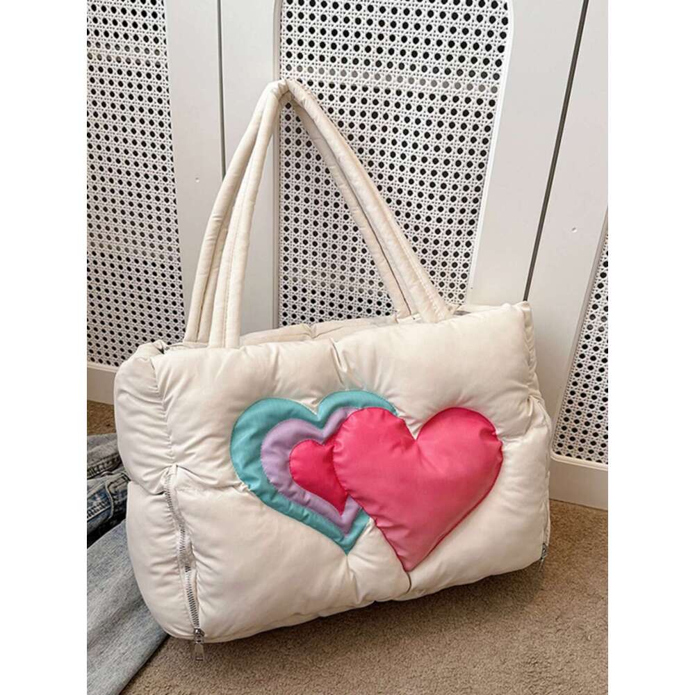 Women's Bags Autumn And Winter New Down Tote Women's Fashion Love Printed Large Capacity Cotton Robe Versatile Shoulder Bag Handbag
