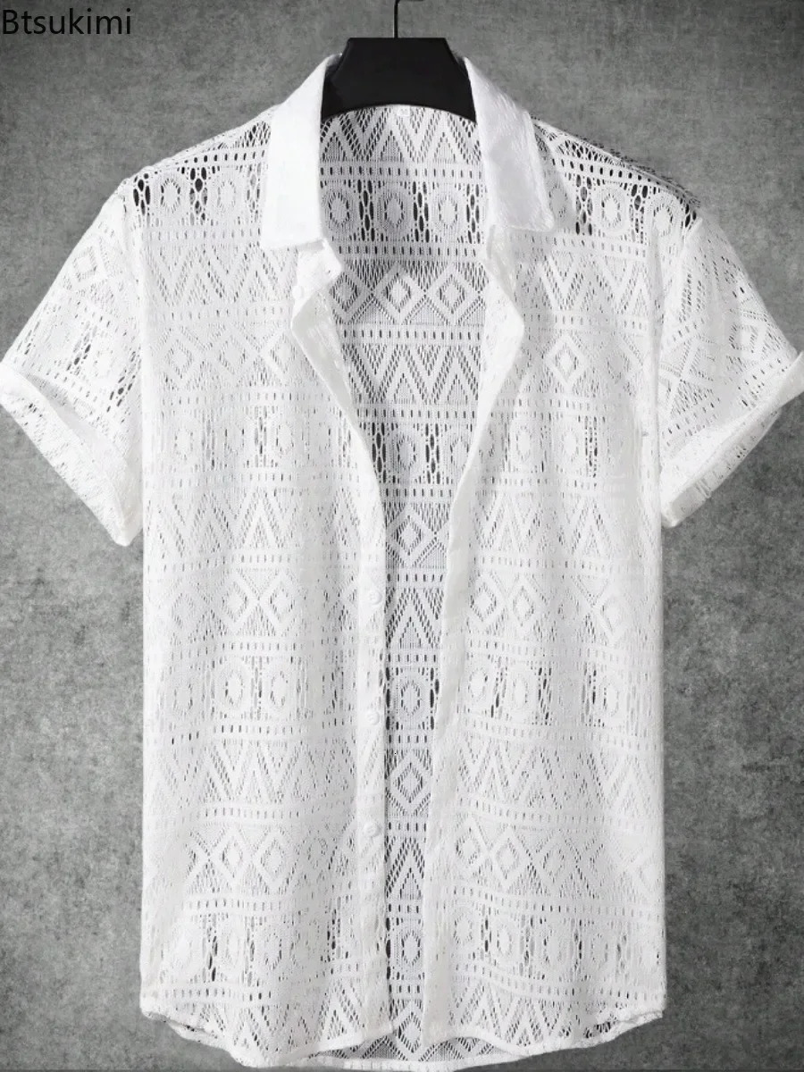 Summer Fashion Mens Lace Hollow Out Shirts Solid Breathable Casual Short-sleeved Cardigan Sexy See Through Mesh Blouse for Male 250222