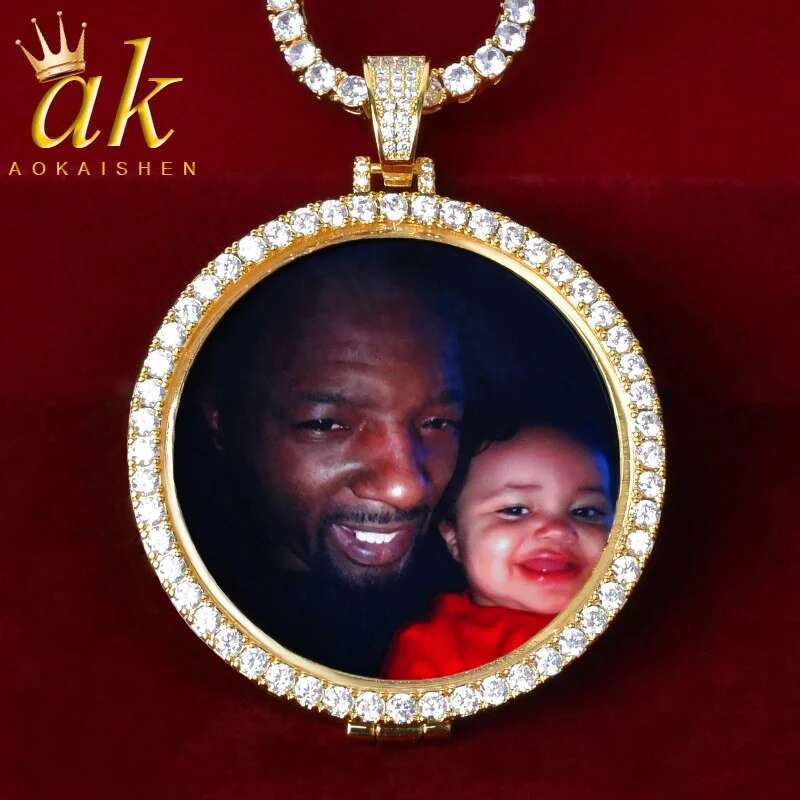 Aokaishen Custom Photo Necklace for Men Picture Memory Medallions Personalized Pendant Hip Hop Fashion Jewelry Iced Out