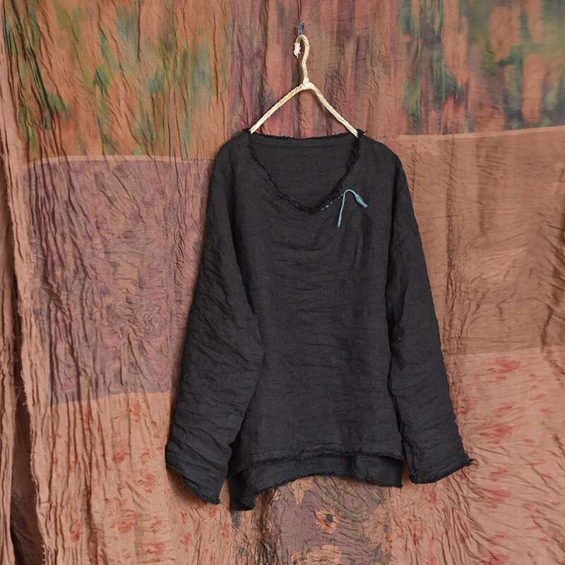 Women Causal Simple Loose Thin Ramie Shirt Solid Color Blouse Ladies Vintage Female 2024 Long Sleeves Summer Spring Tops