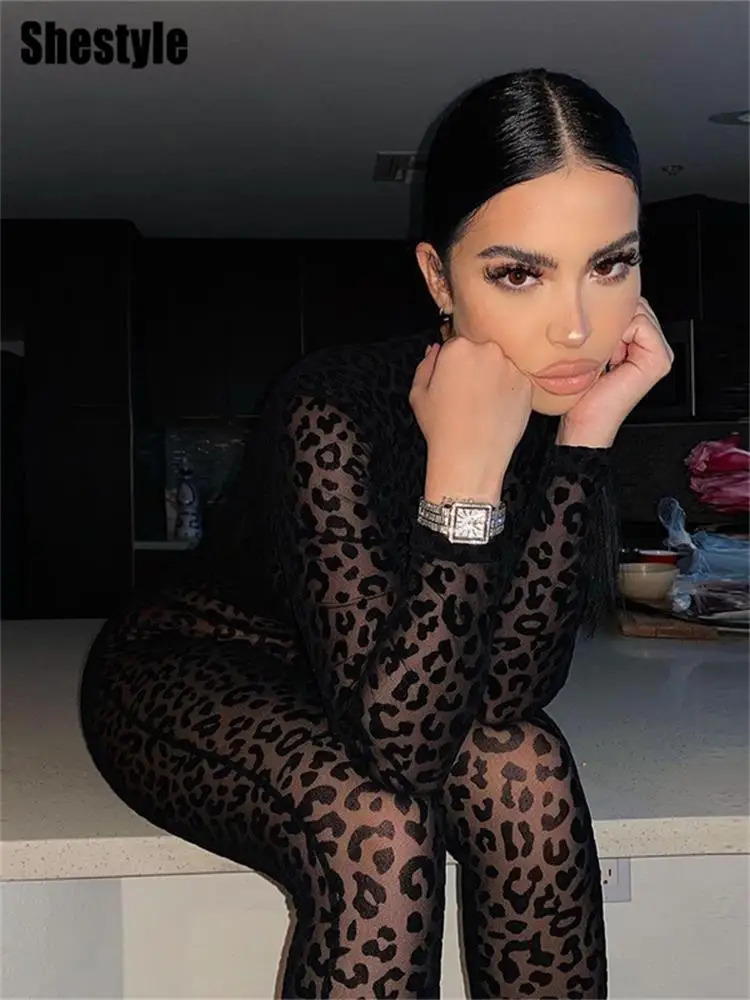 Shestyle Leopard Transparent Jumpsuits Women Skinny Back Zip Mock Neck Black Sexy Animal Print Slim Clubwear Fitness 250224