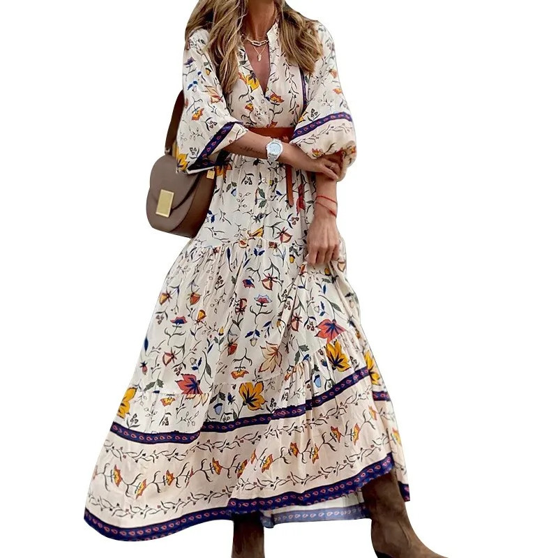 Fashion Print Boho Long Dress Womens Autumn Winter Sexy V-neck Seven Quarter Sleeve Casual Comfortable Loose Elegant Dress 250225
