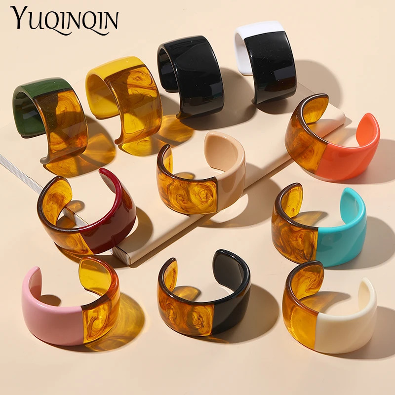 Vintage Resin Cuff Bracelet Bangles for Women Colorful Acrylic Wide Open Bracelet Charms Female Simple Party Fashion Jewelry 250225