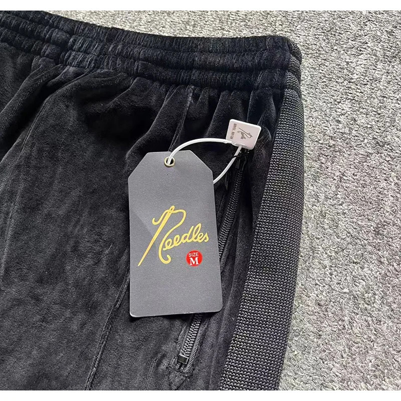 2025Needles Track Casual Black Velvet Drawstring Pants Men Women Jogger Striped Sweatpants Butterfly Embroidery Track Trousers 250226