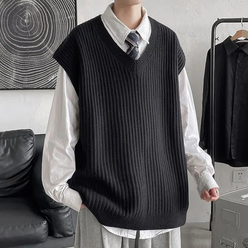 Mens V Neck Sweater Trend Plus Size Vest Knitting Tops Autumn Winter Solid Sleeveless Preppy Style Fashion Men Clothing 250225
