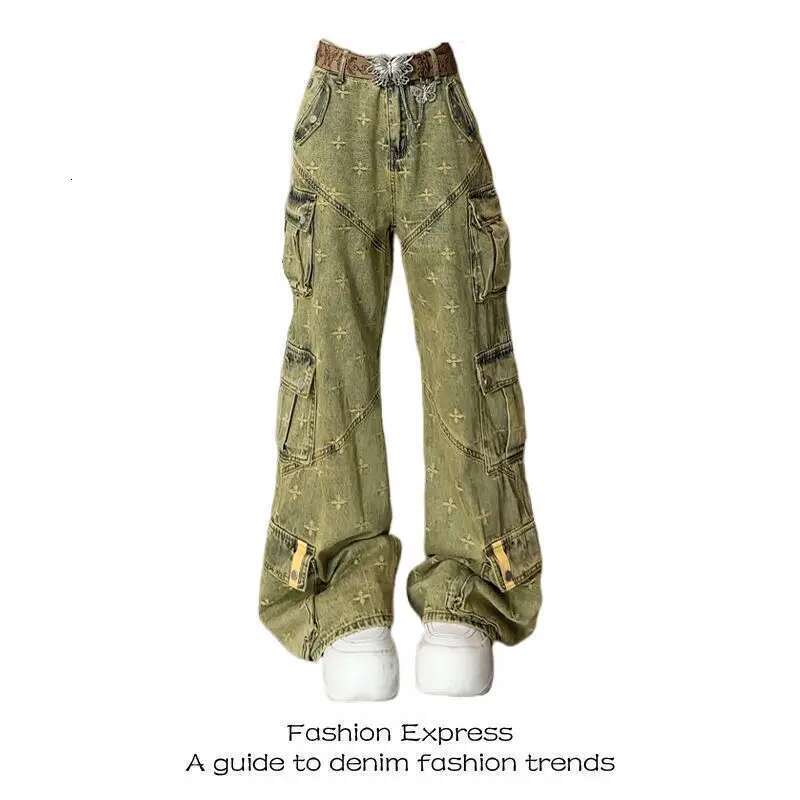 American Retro Vintage Workwear Jeans For Women Summer Multiple Pockets Heavy Embroidery Loose Fit Wide Leg Or Length Pants