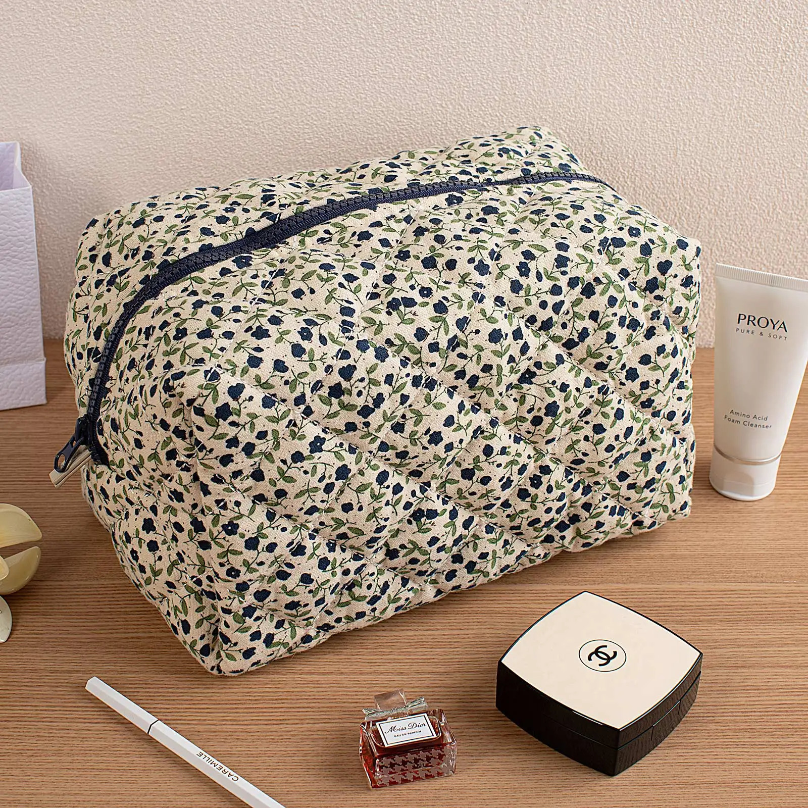 MIROSIE Pretty Navy Blue Floral Print Makeup Bag with Zipper Portable Travel Skincare Storage Pouch Makeup Organizer Big Size 250221