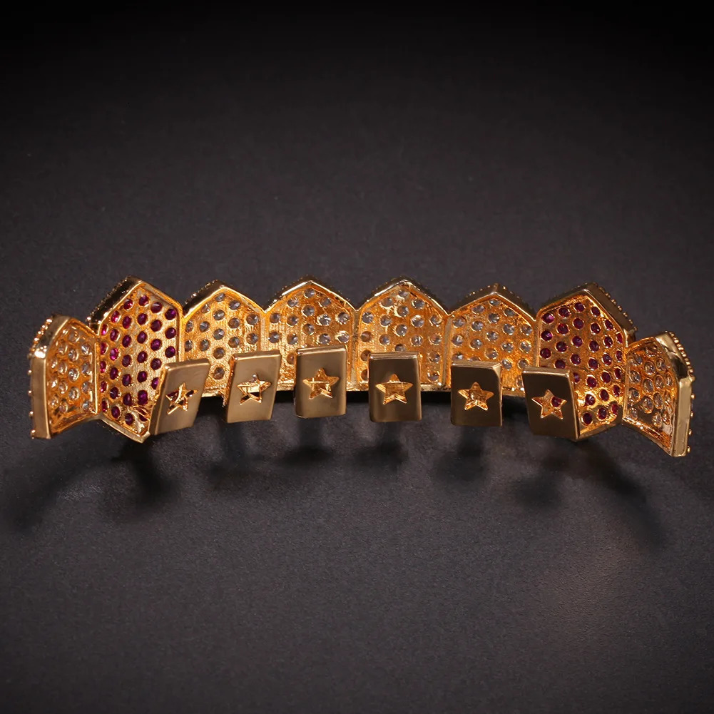 Rose Color Bling Teeth Top Bootom Dental Mouth Punk Teeth Caps Cosplay Party Tooth Rapper Hip Hop Jewelry TG019 250220