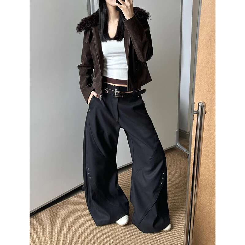 Drapey Black Suit Pants For Women High-End Design Loose Versatile Wide-Leg Casual Trousers High Street Haruku Mopping Hip Hop