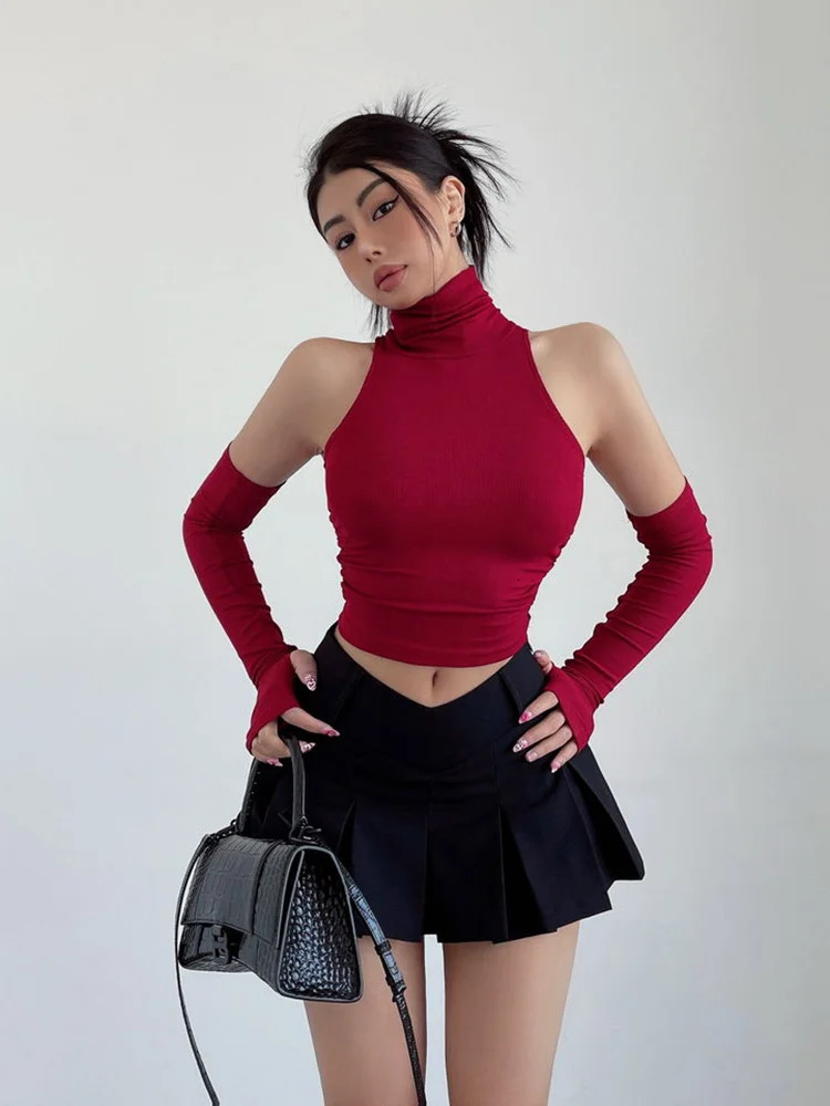 Spring Summer Top Sexy Tank Spicy Girl Sleeves High Neck Pleated Club Crop Womens shirt Skinny Streetwear Y2k Clothing 250224Z