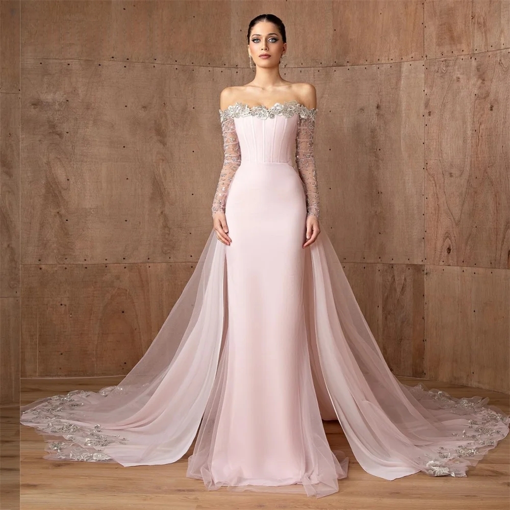 Elegant Off Shoulder Mermaid Evening Dresses With Detachable Train Lace Appliques Bateau Neck Long Sleeve Corset Formal Occasion Gown For Women Pink P