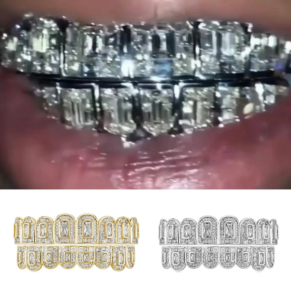 RACHELZ 8/8 Iced Out Full CZ Stone Tooth Caps Braces For Women Men Jewelry Cubic Zircon Teeth Top Bottom Dental Grills 250220