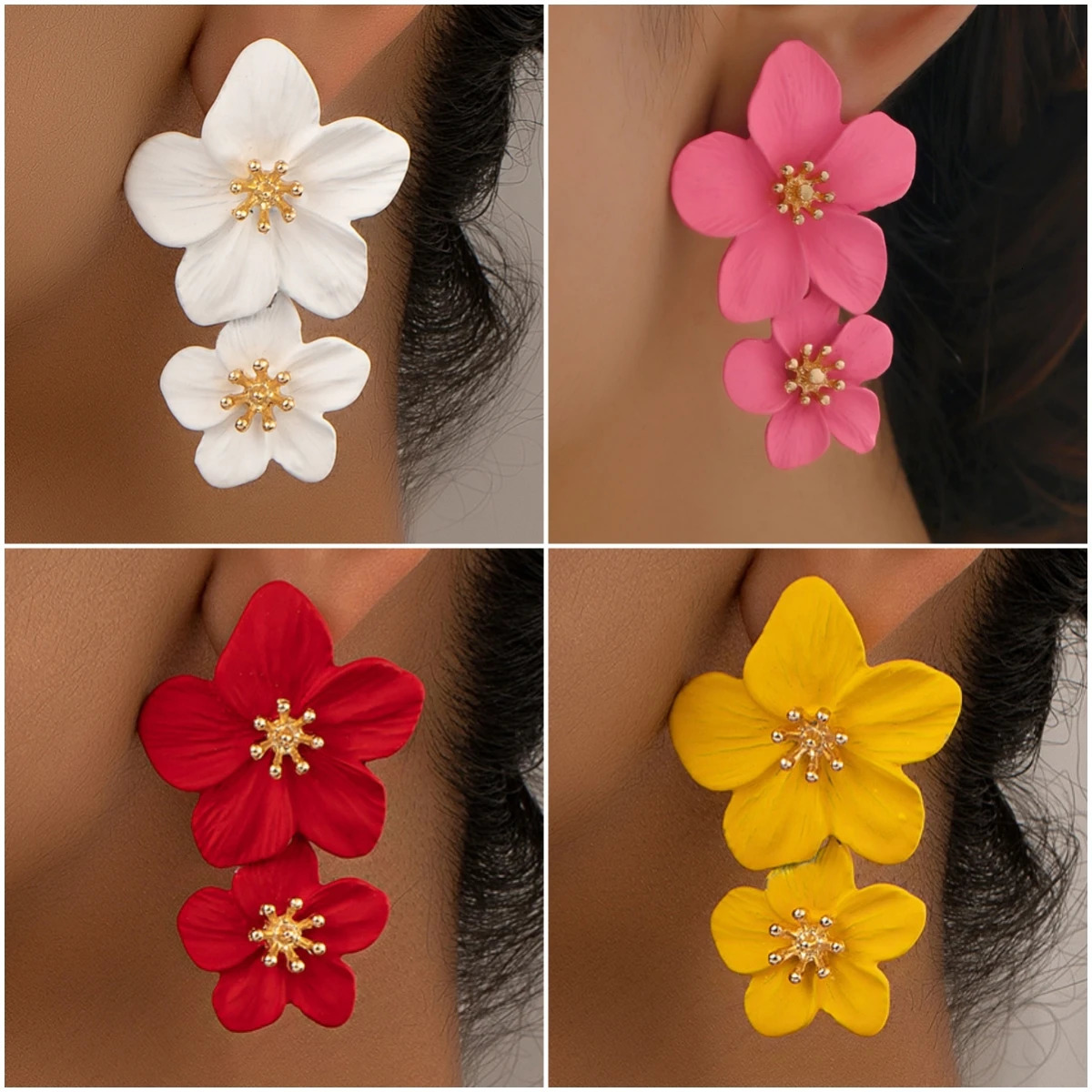Double Layer Flower Dangle Earrings for Women Trendy Spray Paint Sweet Blooming Petal Drop Earrings White Blue Pink Red Jewelry 250225