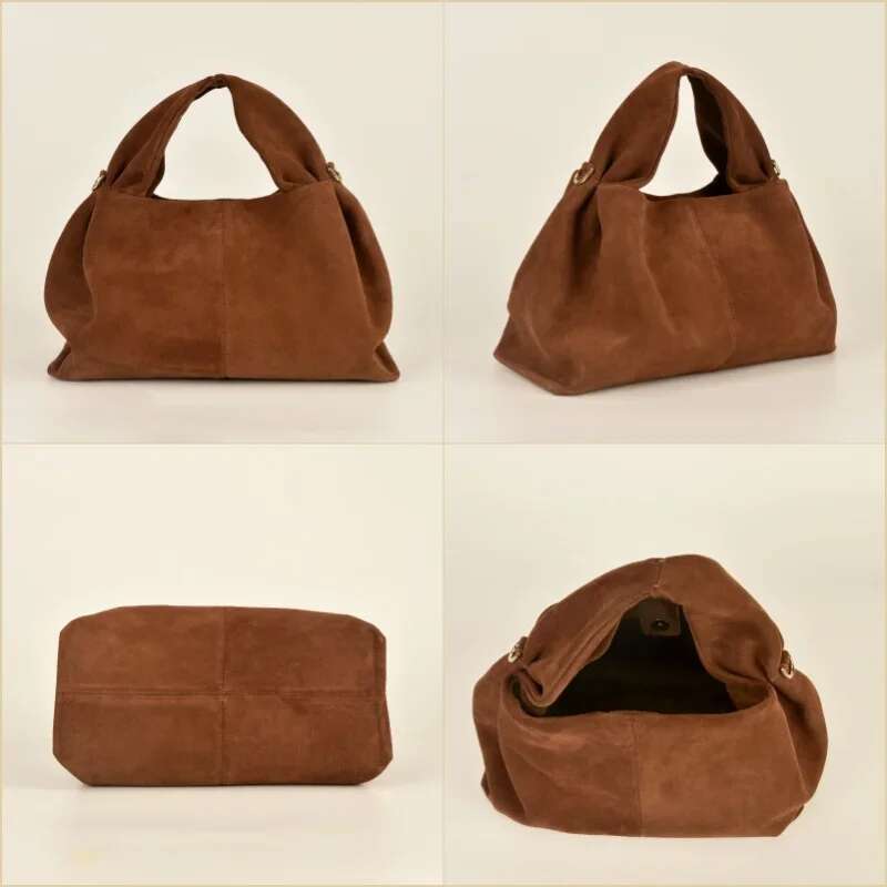 Annmouler French Cow Suede Large Genuine Handbag First Layer Cowhide Leather Top Handle Bag With Shoulder Strap Commute