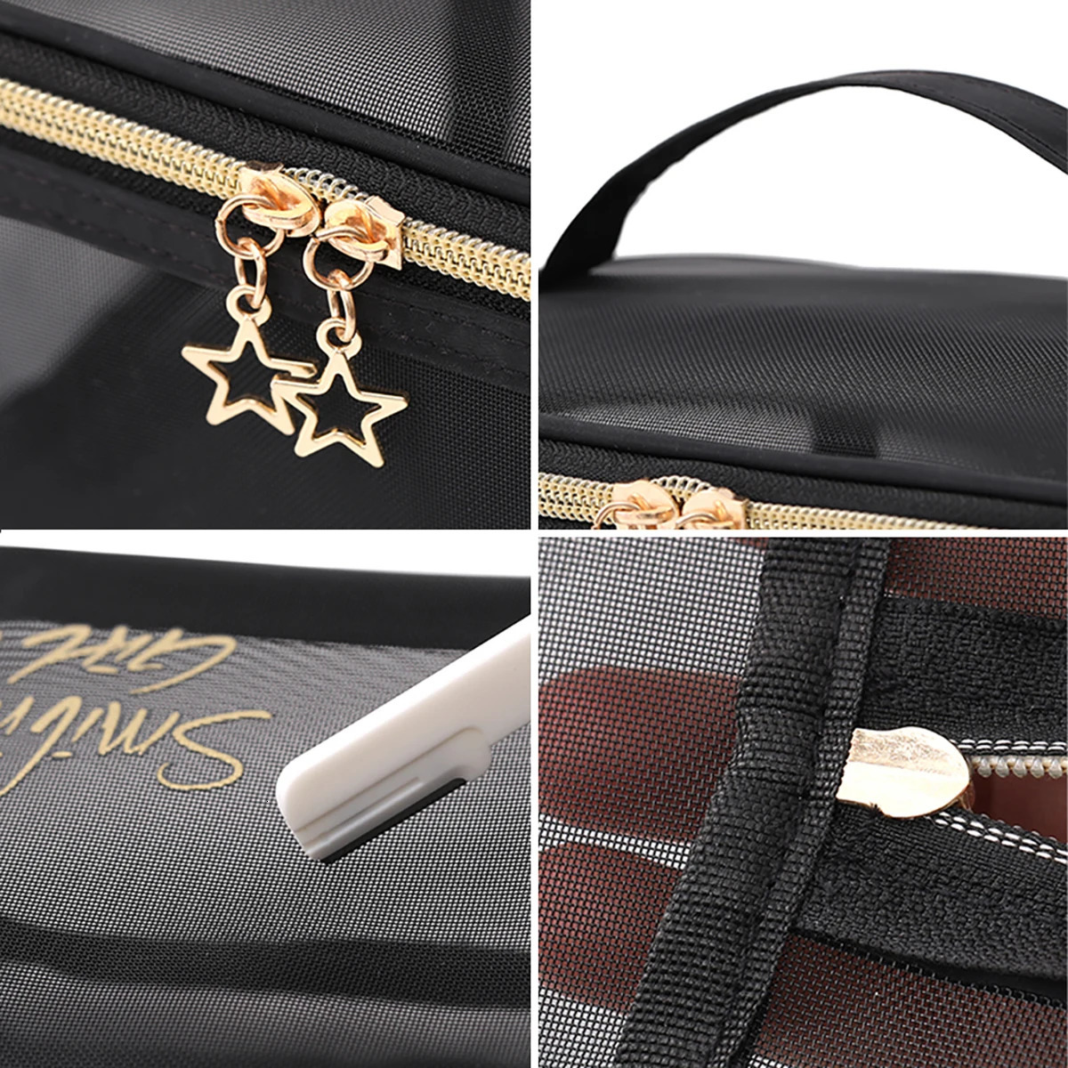 5pcs/Set Mesh Makeup Bags Black Heart Portable Cosmetic Pouches Washbag 250221