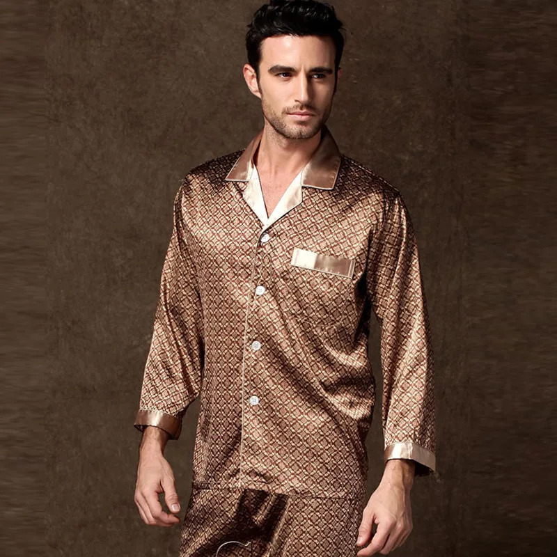 Thin satin pajama set mens printed 2PCS set casual pajama mens autumn spring casual pajama loose pajama 250225