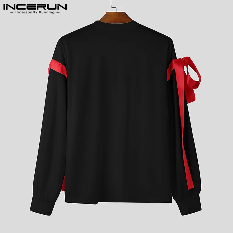 INCERUN Tops American Fashion Mens Patchwork Printed Bow T-shirt Mens Street Clothing Personalized Long Sleeve Camiseta 250224