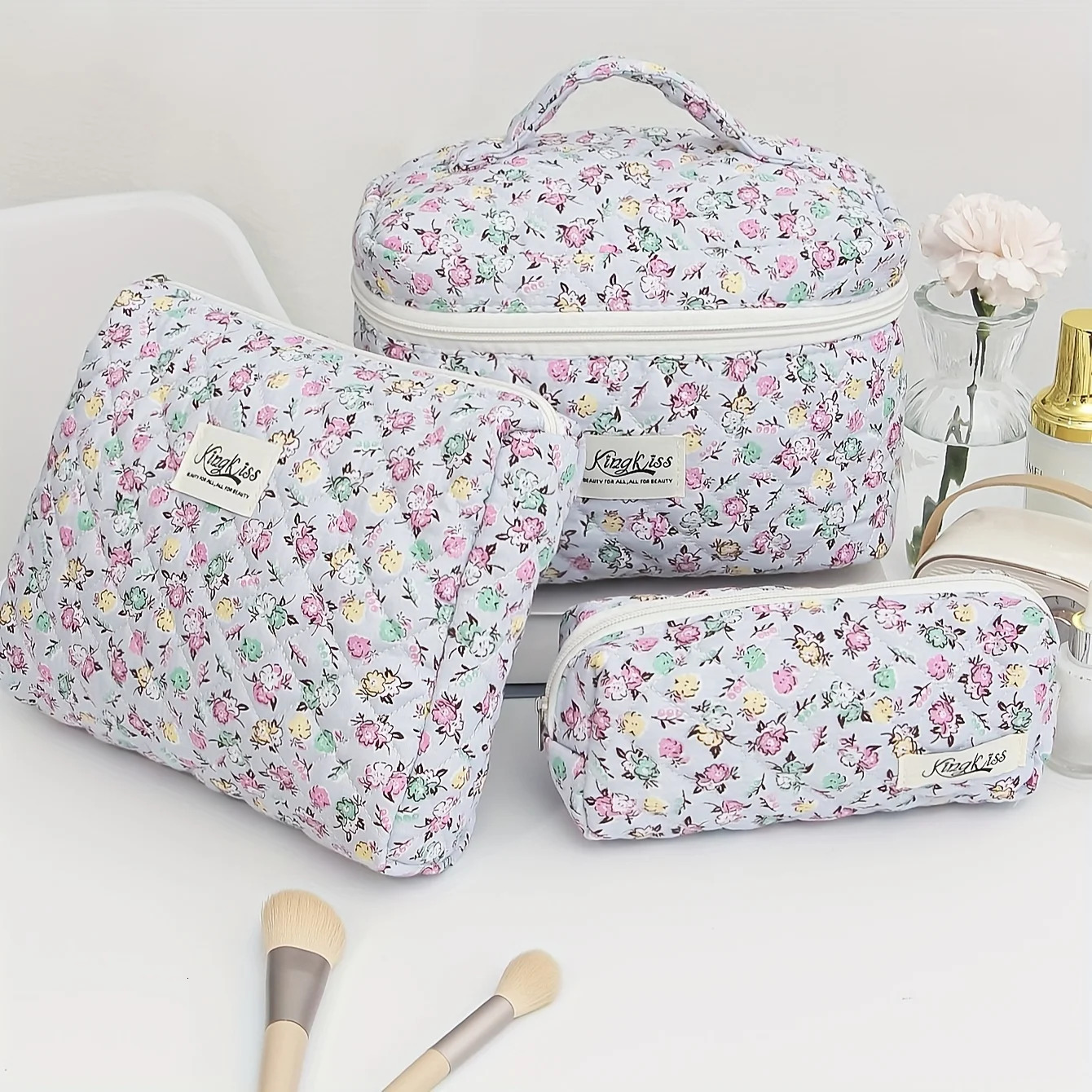 3pcs Large Capacity Quilted Makeup BagTravel Coquette Cosmetic Bag Aesthetic Cute Floral Toiletry Organizer Skincare Bag 250221