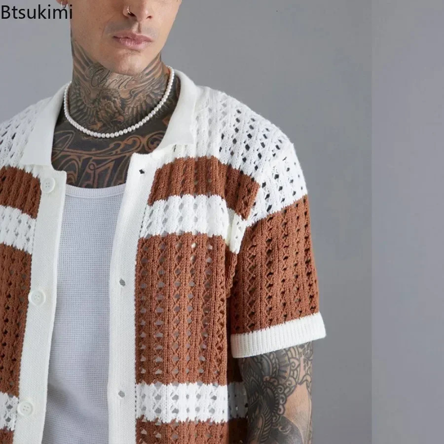 Fashion Striped Patchwork Knitted Shirts for Men Summer Short-sleeved Hollow Out Tops Knit Casual Cardigan Male Streetwear 250224