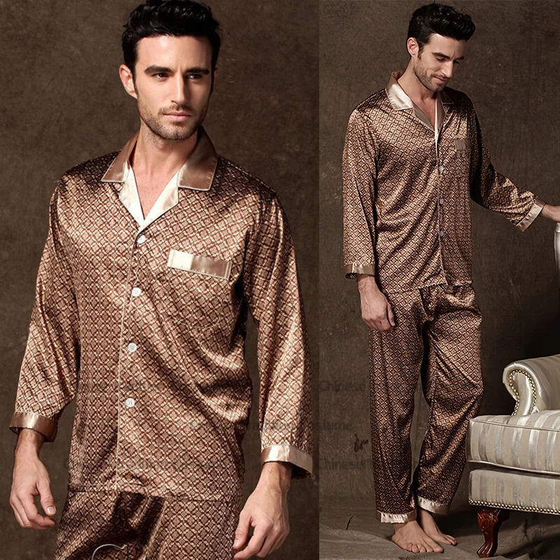 Thin satin pajama set mens printed 2PCS set casual pajama mens autumn spring casual pajama loose pajama 250225