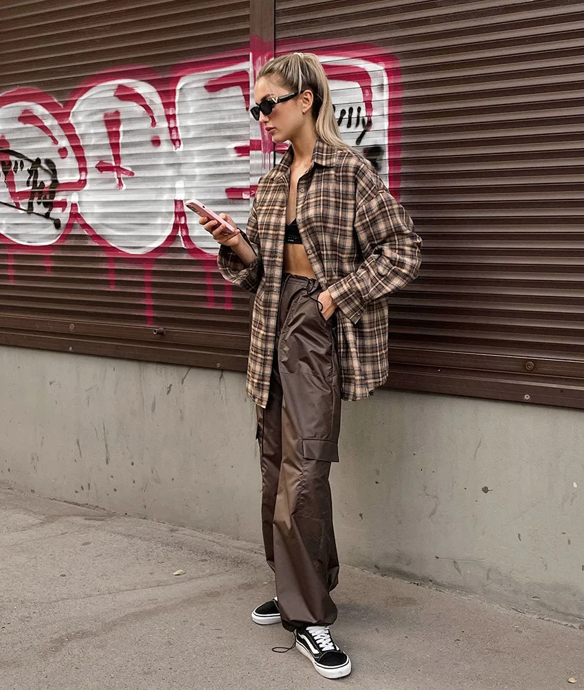 Spring Autumn Vintage Plaid Checkered Shirt Womens Long Sleeve Blouse Loose Single Breasted Casual Shirt 250225