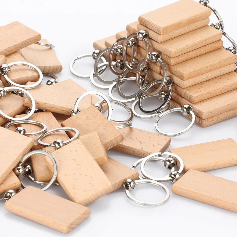 100Pcs Rectangular Wood Keyring Wooden Keychain 250221