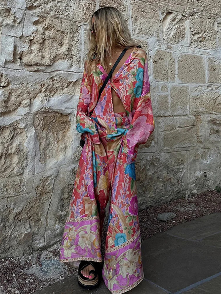 Floral Print Chiffon Womens Two Pieces Set Loose Single Breasted Long Sleeve Shirts Wide Leg Pants 2025 Vacation Lady Outfits 250225