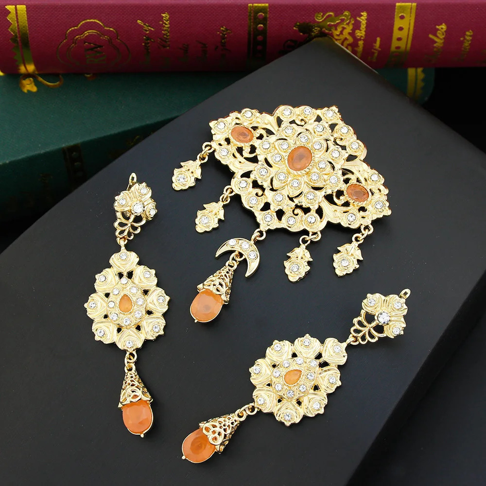 Neovisson Fashion Style Morocco Brooch Earring Bride Jewelry Sets For Women Orange Crystal Gold Color Brooch Earring Gift 250225