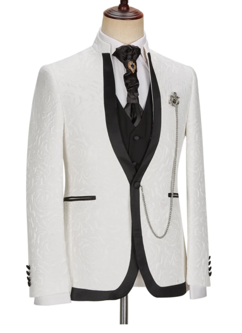 Floral Pattern Men Wedding Tuxedos Customized Stand Collar Business Groom Wear Pants Suits Birthday Party 3 Pieces