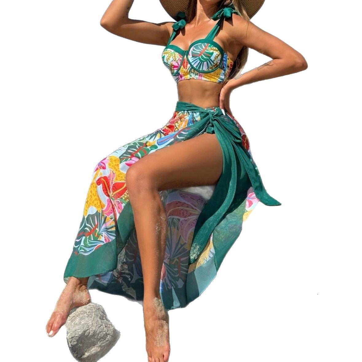 2025 sexy swimwear new color blocked printed floral three piece set mesh beach long skirt swimsuit bikini