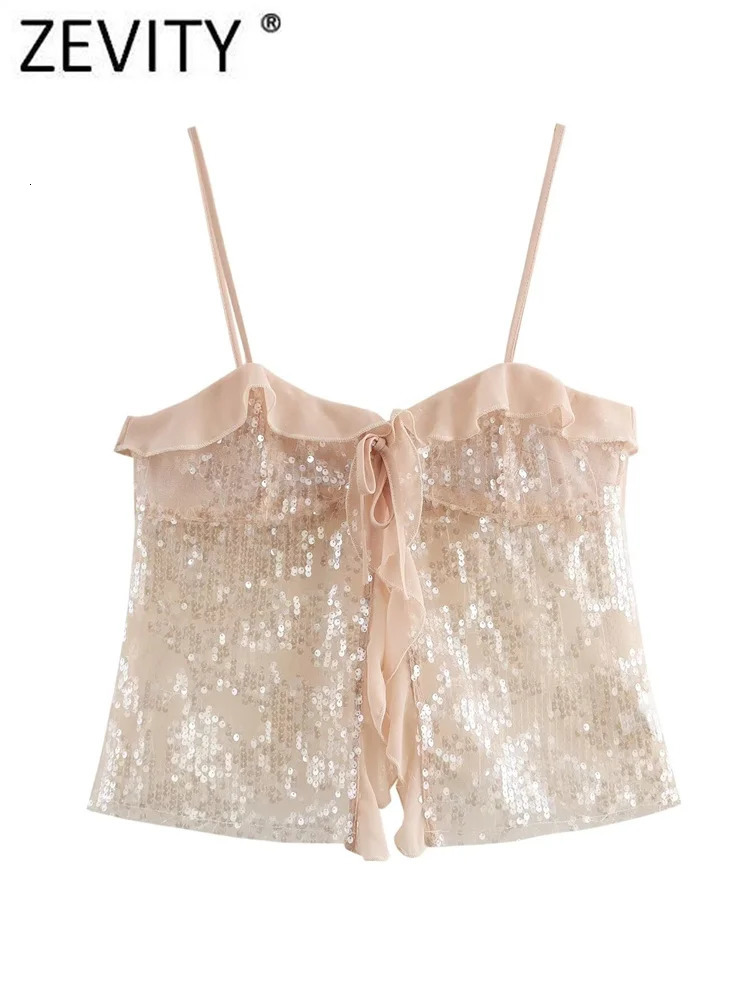 Zevity Women Chic Pleat Ruffles Sequined Chiffon Sling Camis Tank Lady Backless Short Crop Shirt Blouse Tops LS7195 250225