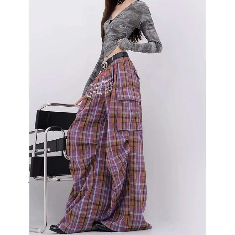 Y2k Purple Plaid Cargo Pants Women Korean Fashion Winter Checked Trousers Oversized Haruku Vintage 90S Wide Leg Pantalones